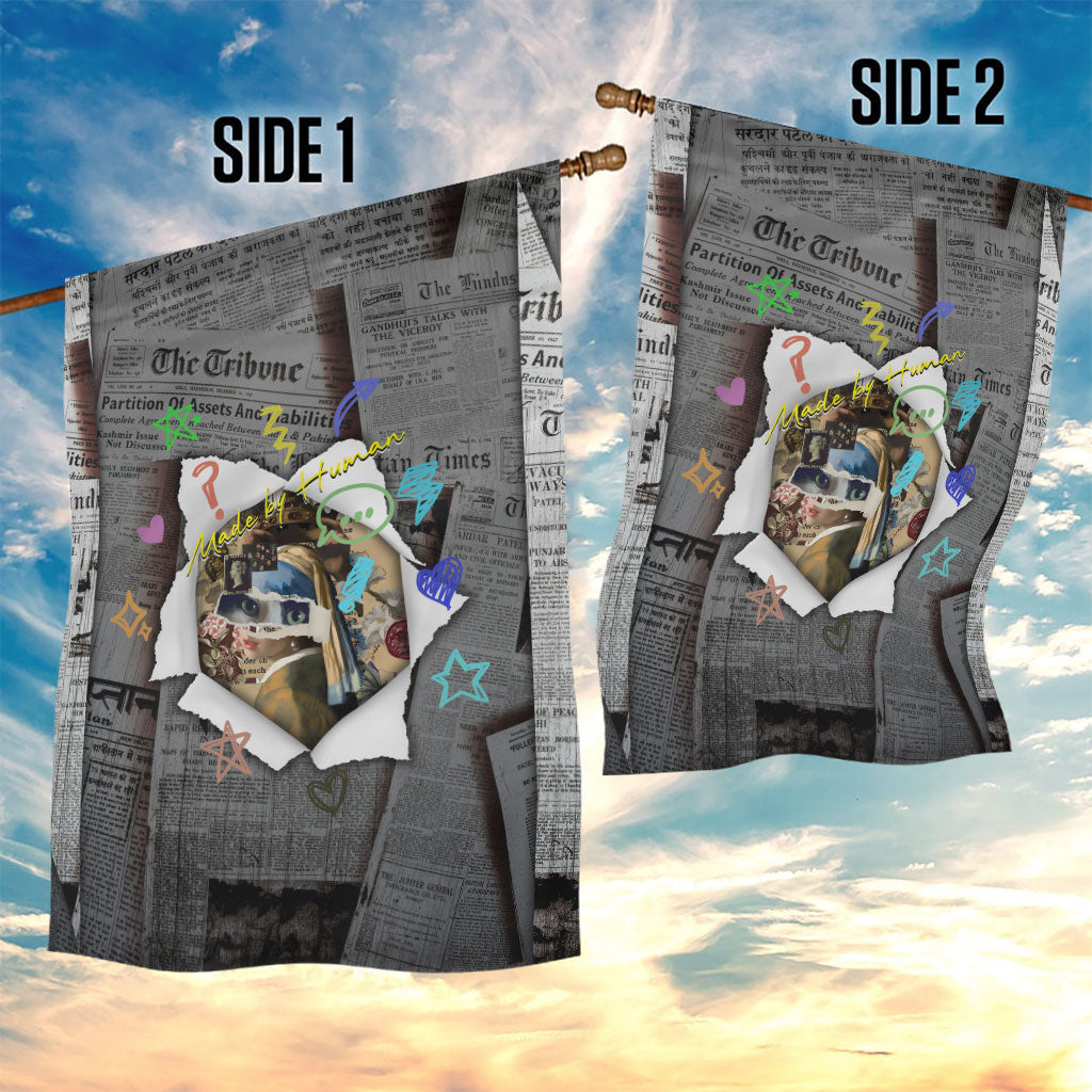 Cat Girl With A Pearl Earring Newspaper Garden Flag Made By Human Handmade Mixed Media Pop Art