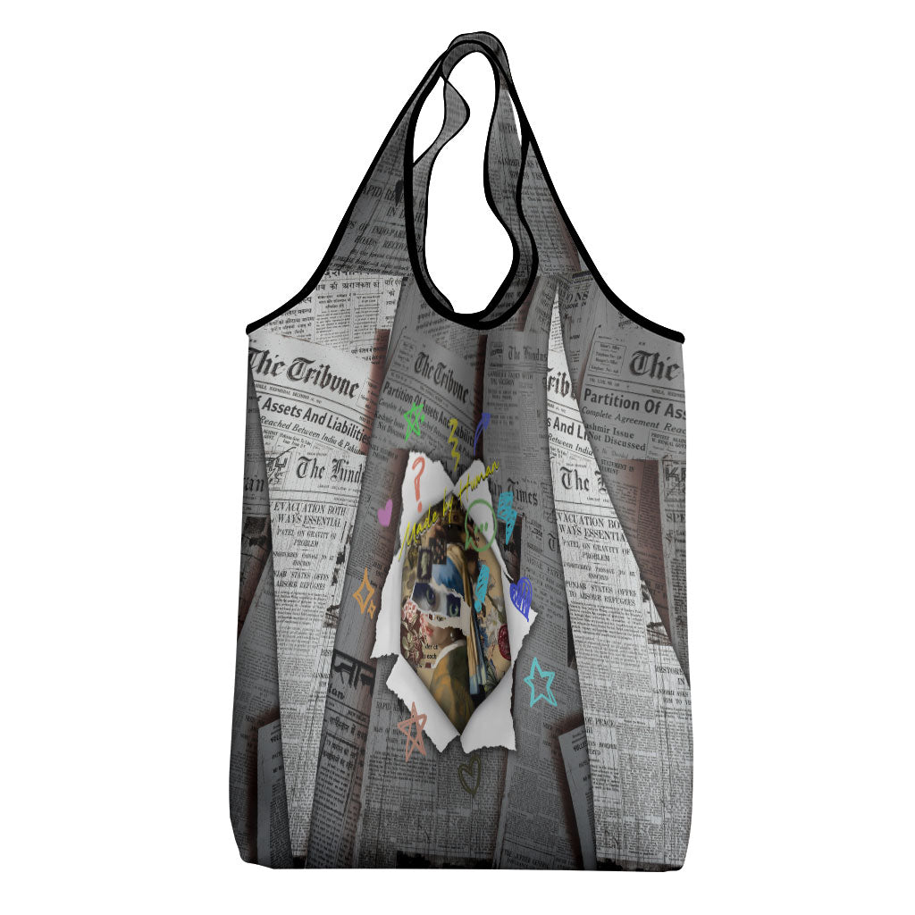Cat Girl With A Pearl Earring Newspaper Grocery Bag Made By Human Handmade Mixed Media Pop Art