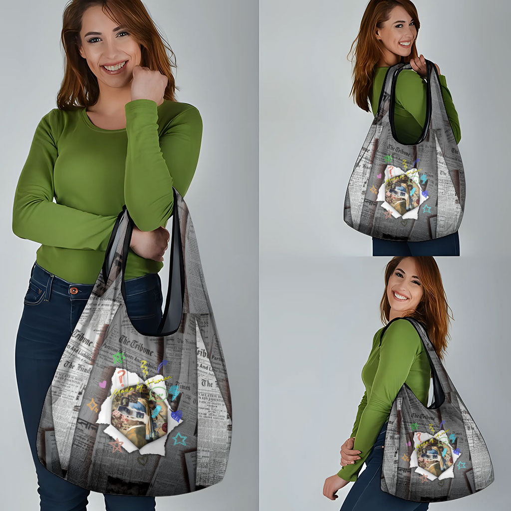 Cat Girl With A Pearl Earring Newspaper Grocery Bag Made By Human Handmade Mixed Media Pop Art