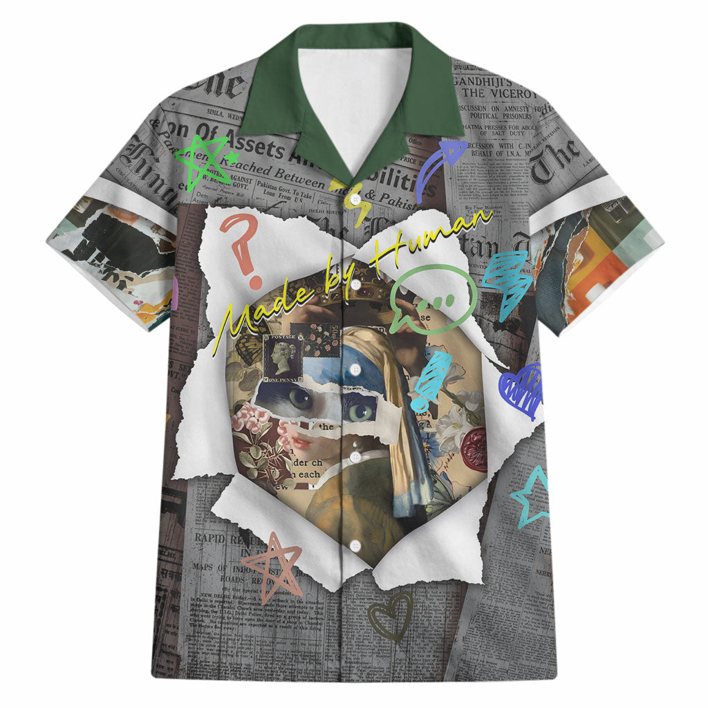 Cat Girl With A Pearl Earring Newspaper Hawaiian Shirt Made By Human Handmade Mixed Media Pop Art
