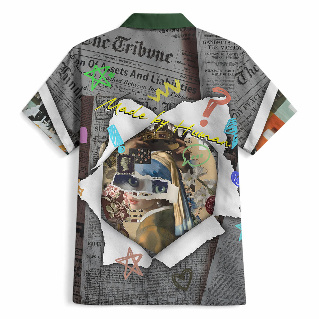 Cat Girl With A Pearl Earring Newspaper Hawaiian Shirt Made By Human Handmade Mixed Media Pop Art