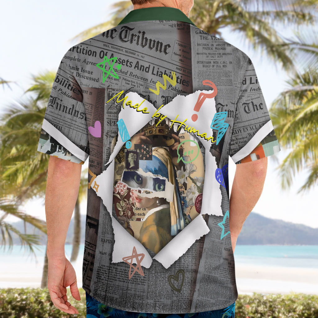 Cat Girl With A Pearl Earring Newspaper Hawaiian Shirt Made By Human Handmade Mixed Media Pop Art