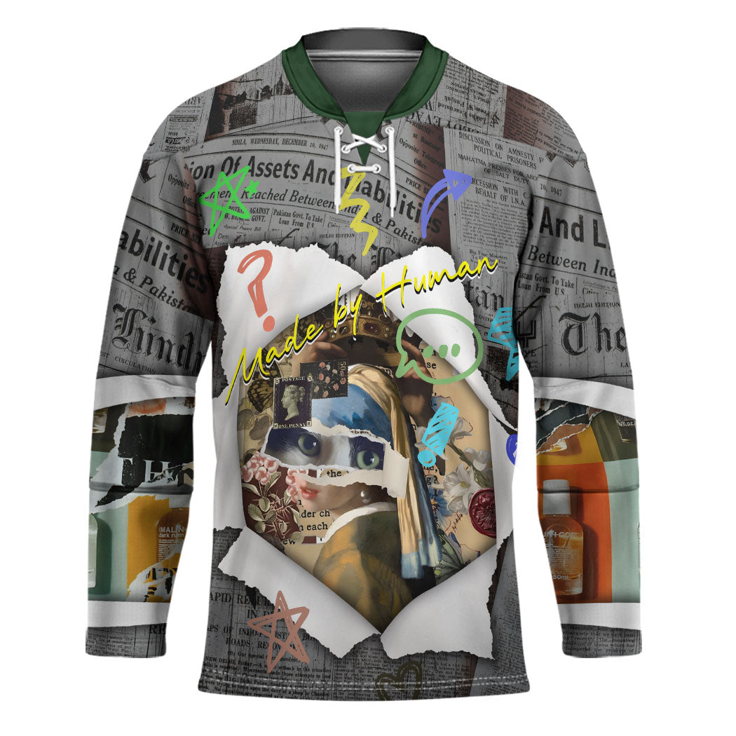 Cat Girl With A Pearl Earring Newspaper Hockey Jersey Made By Human Handmade Mixed Media Pop Art