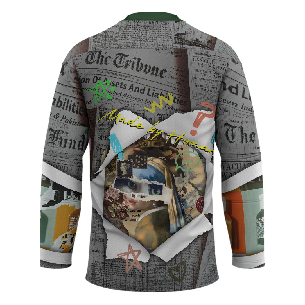 Cat Girl With A Pearl Earring Newspaper Hockey Jersey Made By Human Handmade Mixed Media Pop Art