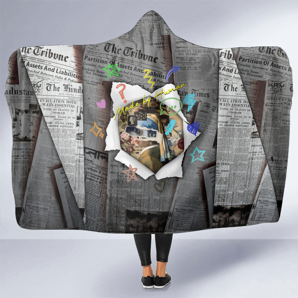 Cat Girl With A Pearl Earring Newspaper Hooded Blanket Made By Human Handmade Mixed Media Pop Art