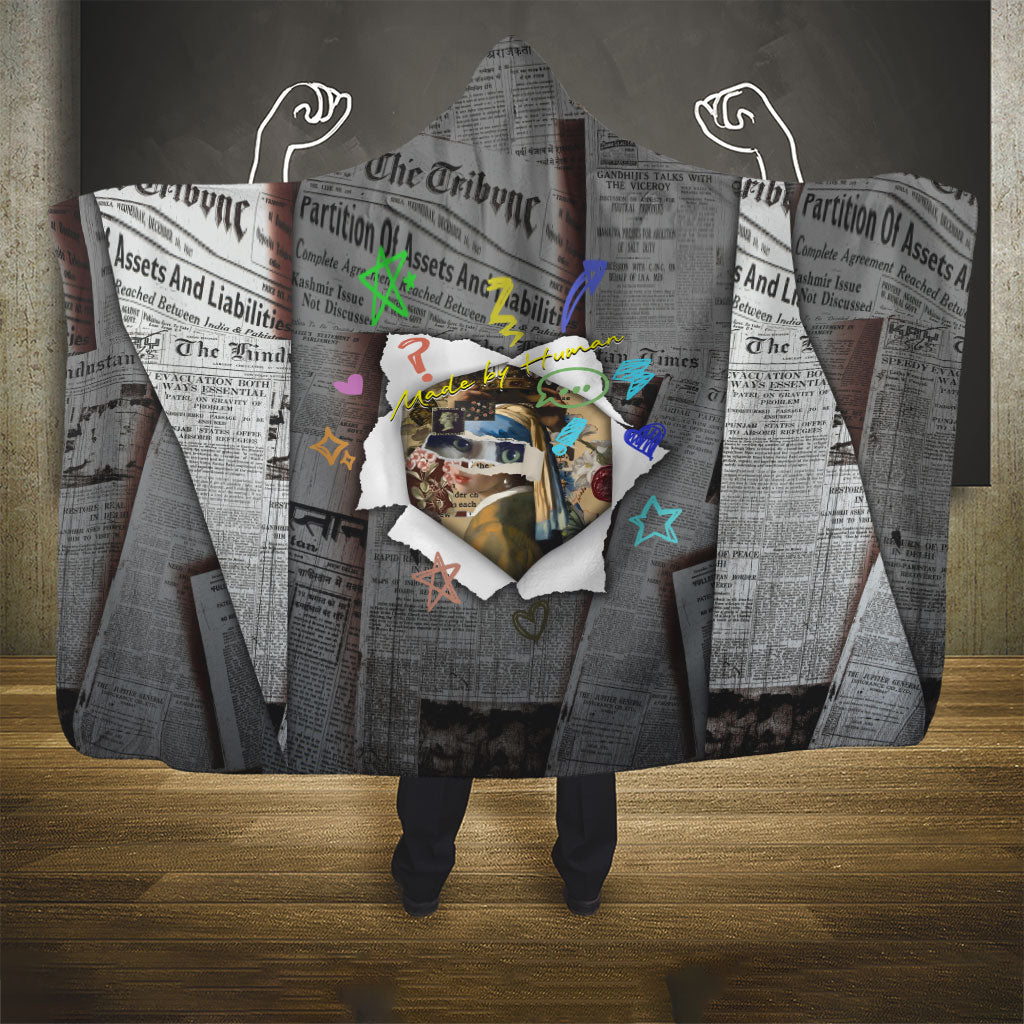 Cat Girl With A Pearl Earring Newspaper Hooded Blanket Made By Human Handmade Mixed Media Pop Art
