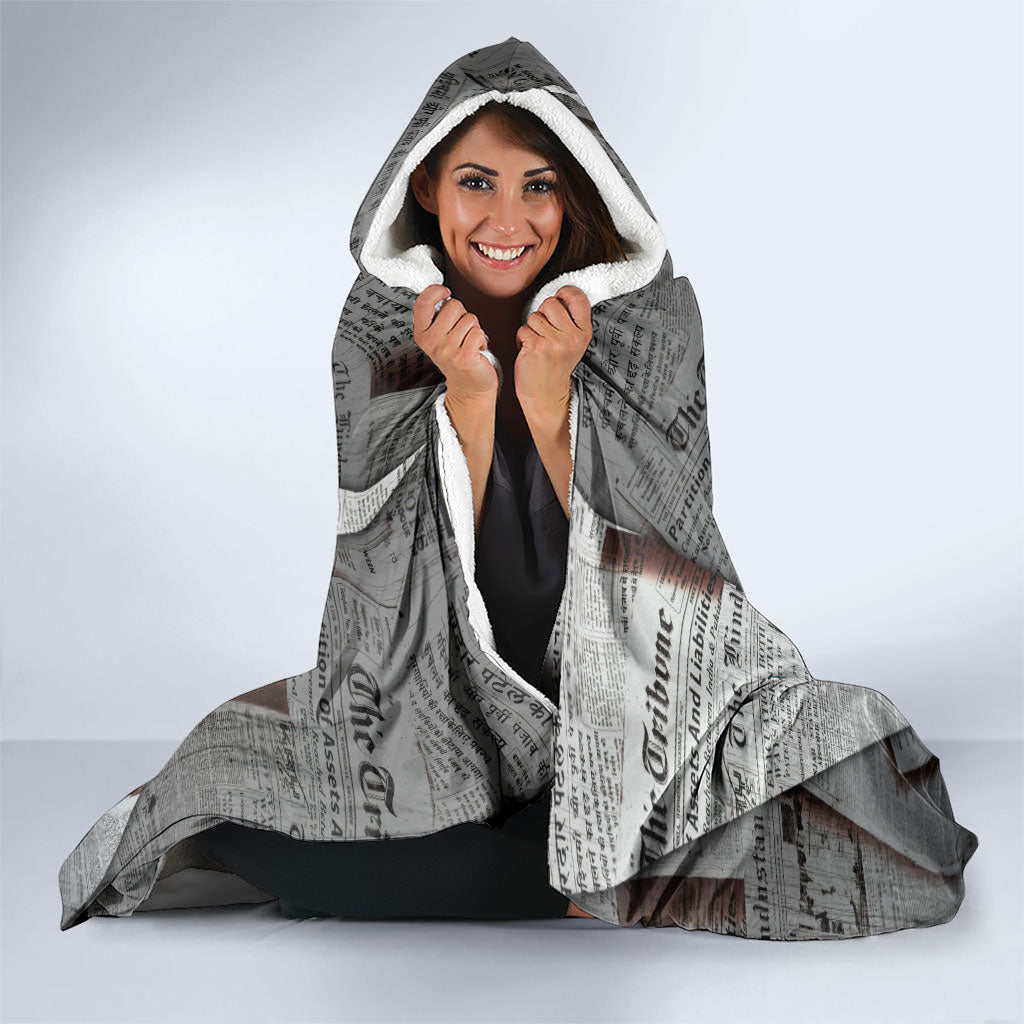 Cat Girl With A Pearl Earring Newspaper Hooded Blanket Made By Human Handmade Mixed Media Pop Art