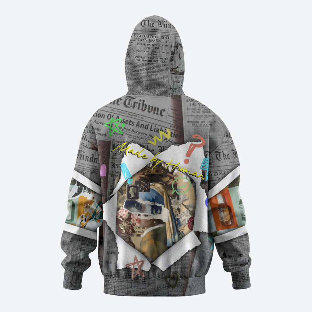 Cat Girl With A Pearl Earring Newspaper Hoodie Made By Human Handmade Mixed Media Pop Art