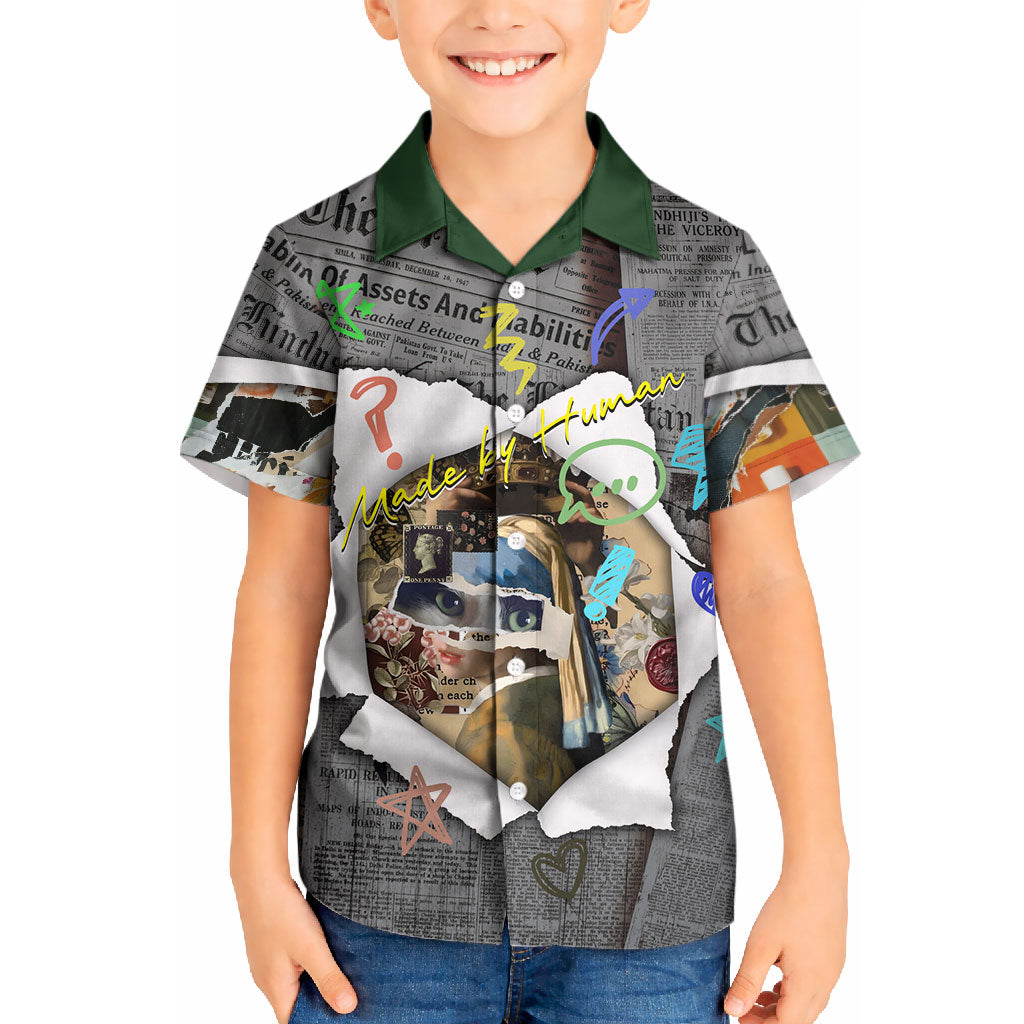 Cat Girl With A Pearl Earring Newspaper Kid Hawaiian Shirt Made By Human Handmade Mixed Media Pop Art