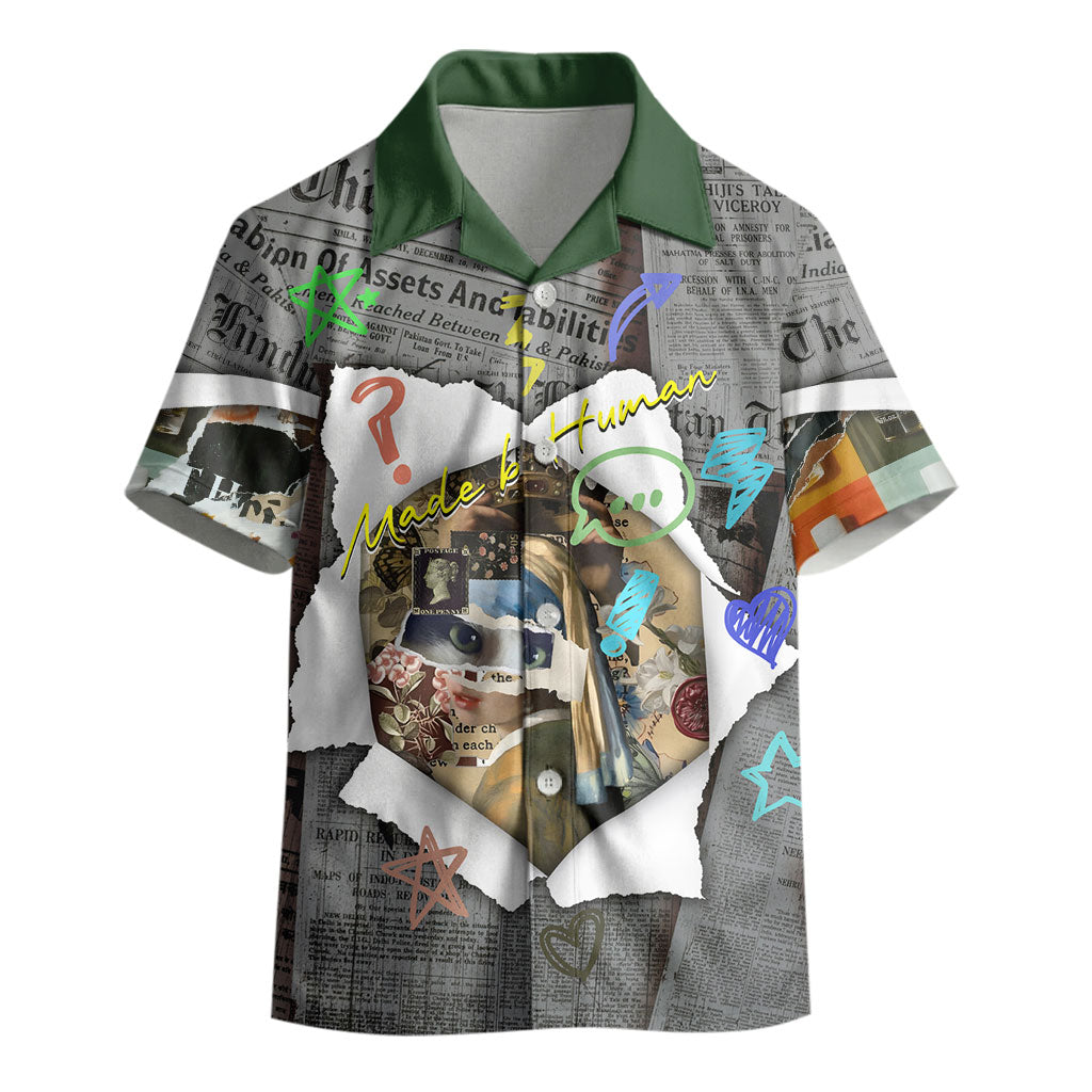 Cat Girl With A Pearl Earring Newspaper Kid Hawaiian Shirt Made By Human Handmade Mixed Media Pop Art