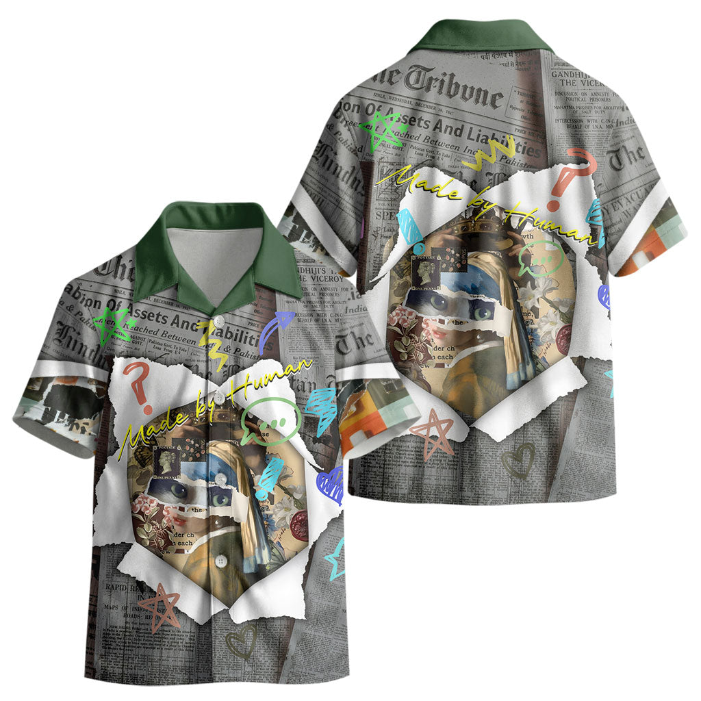 Cat Girl With A Pearl Earring Newspaper Kid Hawaiian Shirt Made By Human Handmade Mixed Media Pop Art