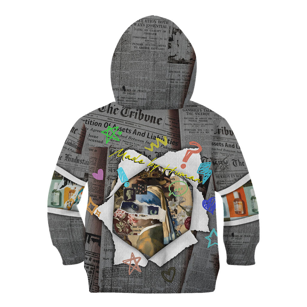 Cat Girl With A Pearl Earring Newspaper Kid Hoodie Made By Human Handmade Mixed Media Pop Art