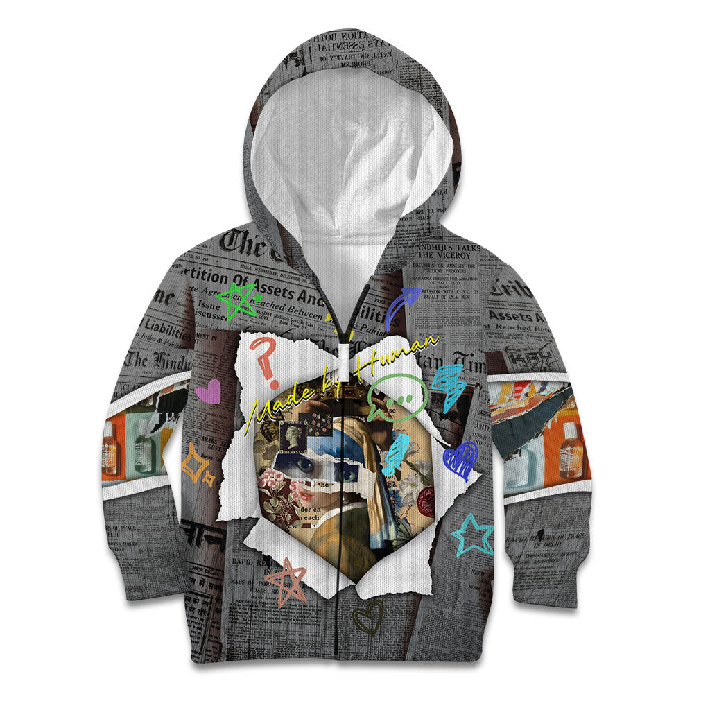 Cat Girl With A Pearl Earring Newspaper Kid Hoodie Made By Human Handmade Mixed Media Pop Art