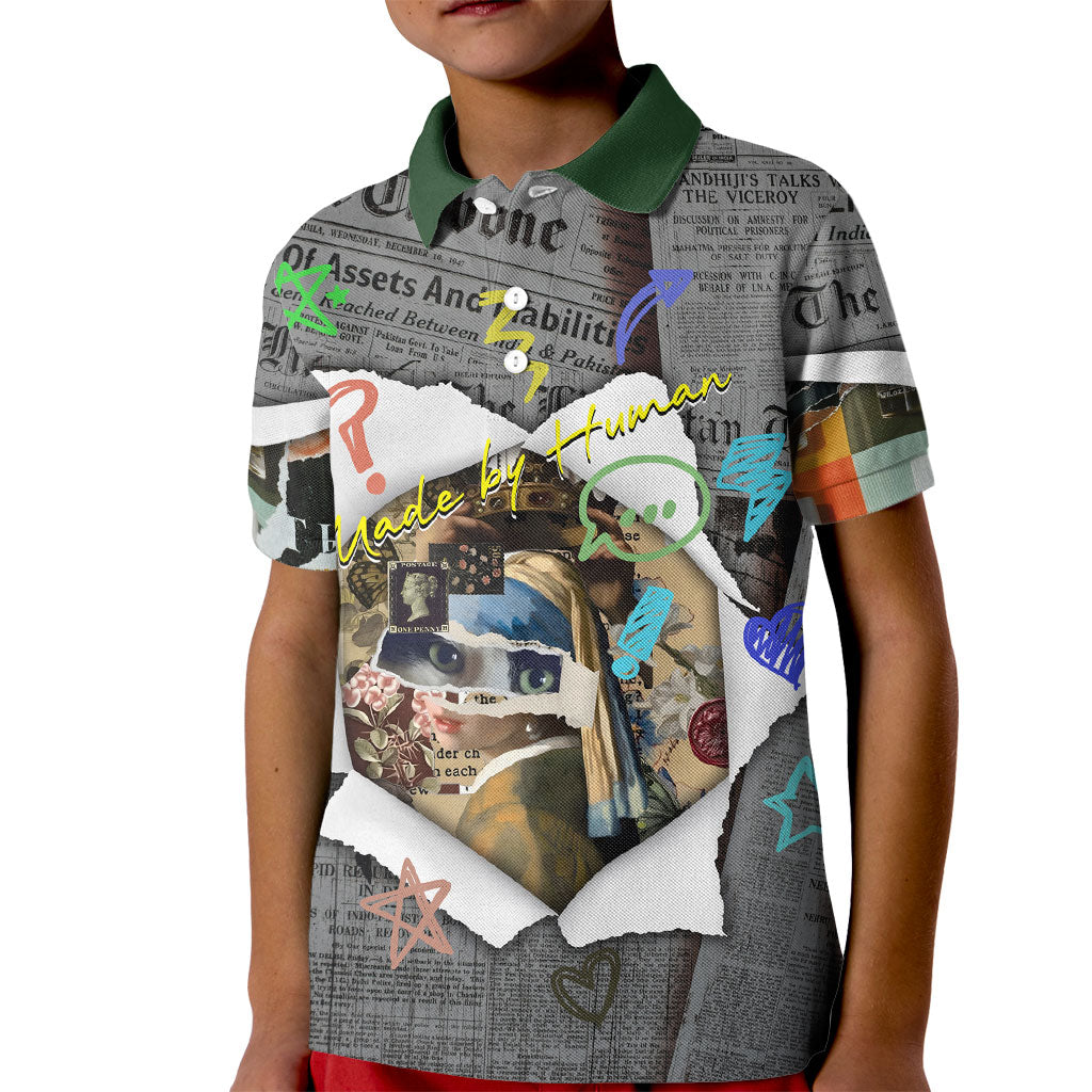 Cat Girl With A Pearl Earring Newspaper Kid Polo Shirt Made By Human Handmade Mixed Media Pop Art