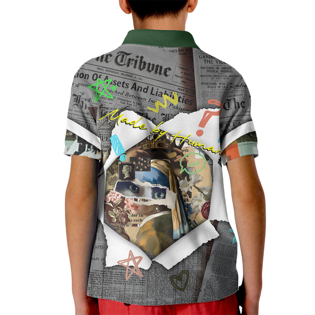 Cat Girl With A Pearl Earring Newspaper Kid Polo Shirt Made By Human Handmade Mixed Media Pop Art
