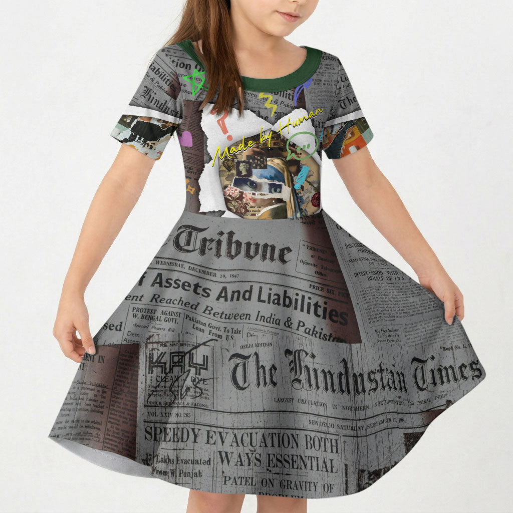 Cat Girl With A Pearl Earring Newspaper Kid Short Sleeve Dress Made By Human Handmade Mixed Media Pop Art