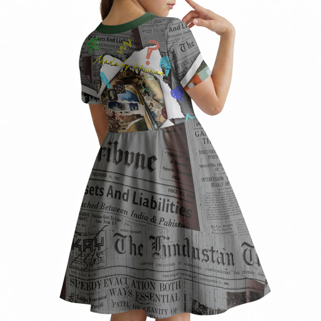 Cat Girl With A Pearl Earring Newspaper Kid Short Sleeve Dress Made By Human Handmade Mixed Media Pop Art
