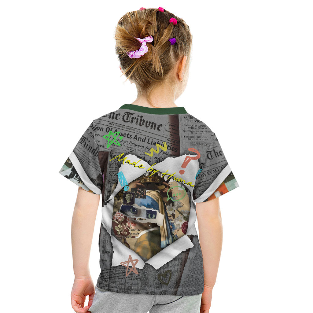 Cat Girl With A Pearl Earring Newspaper Kid T Shirt Made By Human Handmade Mixed Media Pop Art