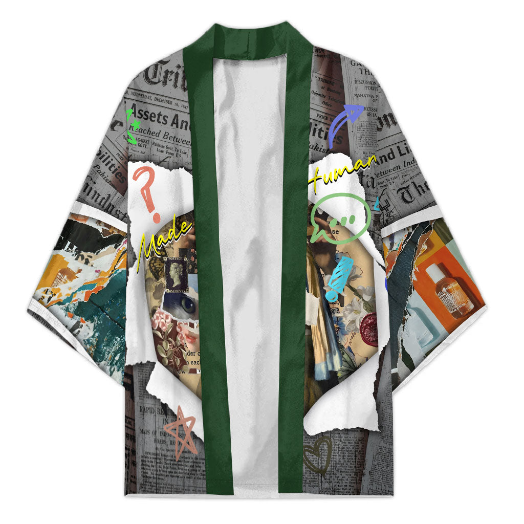 Cat Girl With A Pearl Earring Newspaper Kimono Made By Human Handmade Mixed Media Pop Art