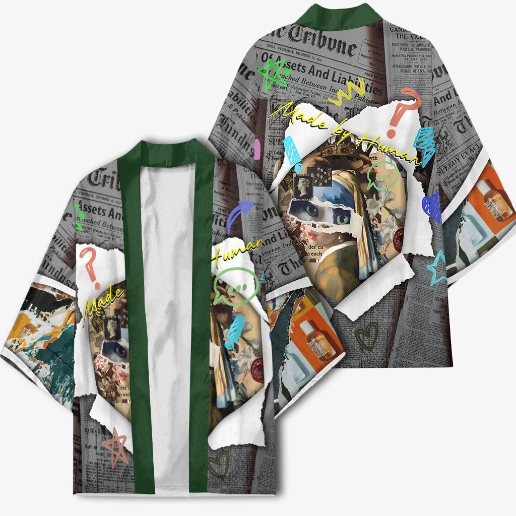 Cat Girl With A Pearl Earring Newspaper Kimono Made By Human Handmade Mixed Media Pop Art