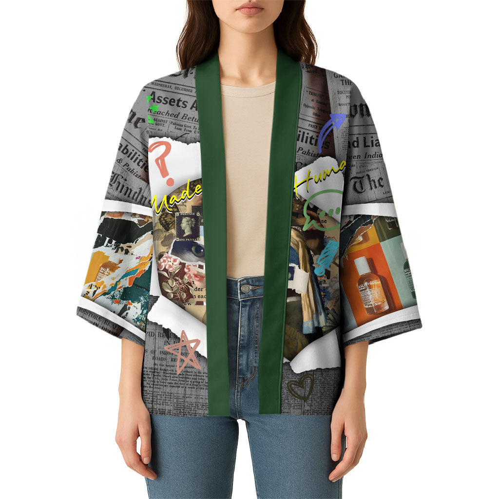 Cat Girl With A Pearl Earring Newspaper Kimono Made By Human Handmade Mixed Media Pop Art