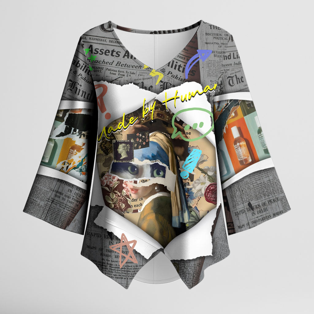 Cat Girl With A Pearl Earring Newspaper Kimono Sleeve Blouse Made By Human Handmade Mixed Media Pop Art