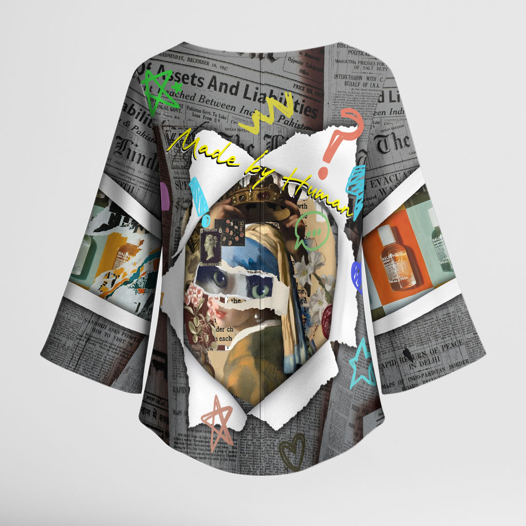 Cat Girl With A Pearl Earring Newspaper Kimono Sleeve Blouse Made By Human Handmade Mixed Media Pop Art