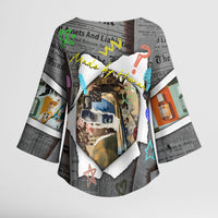 Cat Girl With A Pearl Earring Newspaper Kimono Sleeve Blouse Made By Human Handmade Mixed Media Pop Art