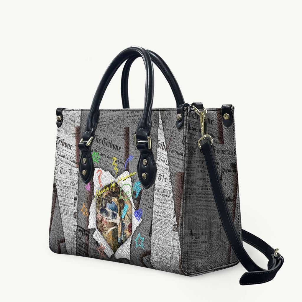 Cat Girl With A Pearl Earring Newspaper Leather Bag Made By Human Handmade Mixed Media Pop Art
