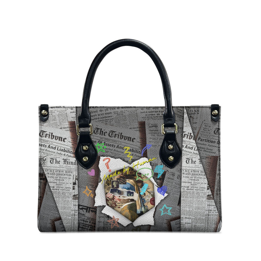 Cat Girl With A Pearl Earring Newspaper Leather Bag Made By Human Handmade Mixed Media Pop Art