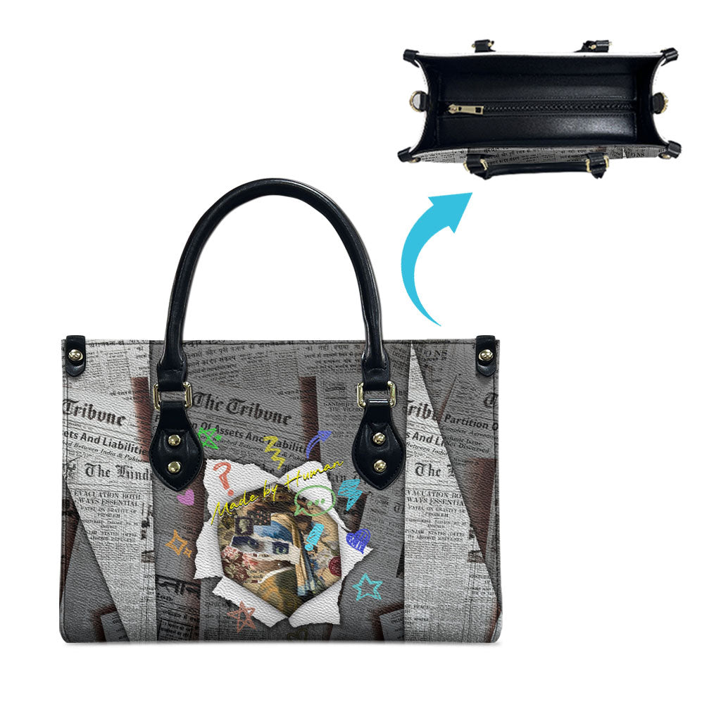 Cat Girl With A Pearl Earring Newspaper Leather Bag Made By Human Handmade Mixed Media Pop Art