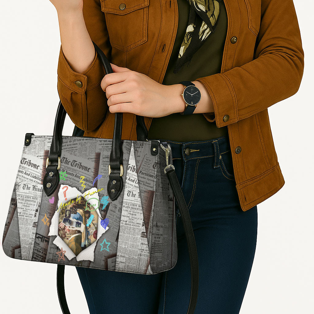 Cat Girl With A Pearl Earring Newspaper Leather Bag Made By Human Handmade Mixed Media Pop Art