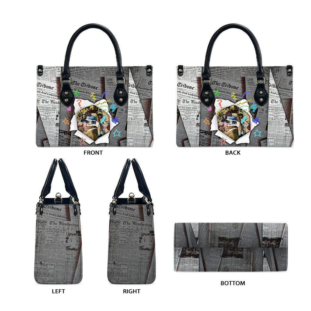 Cat Girl With A Pearl Earring Newspaper Leather Bag Made By Human Handmade Mixed Media Pop Art