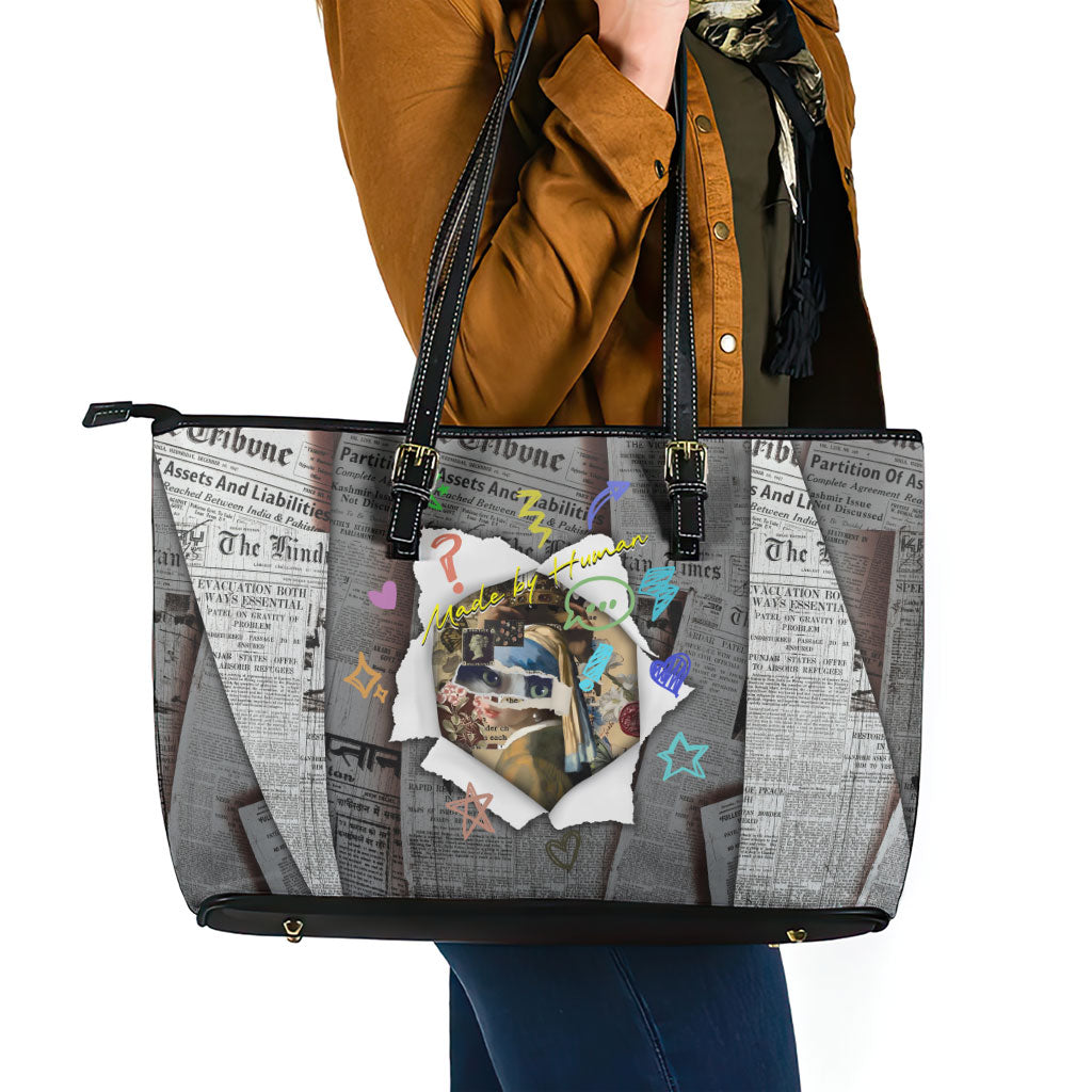 Cat Girl With A Pearl Earring Newspaper Leather Tote Bag Made By Human Handmade Mixed Media Pop Art