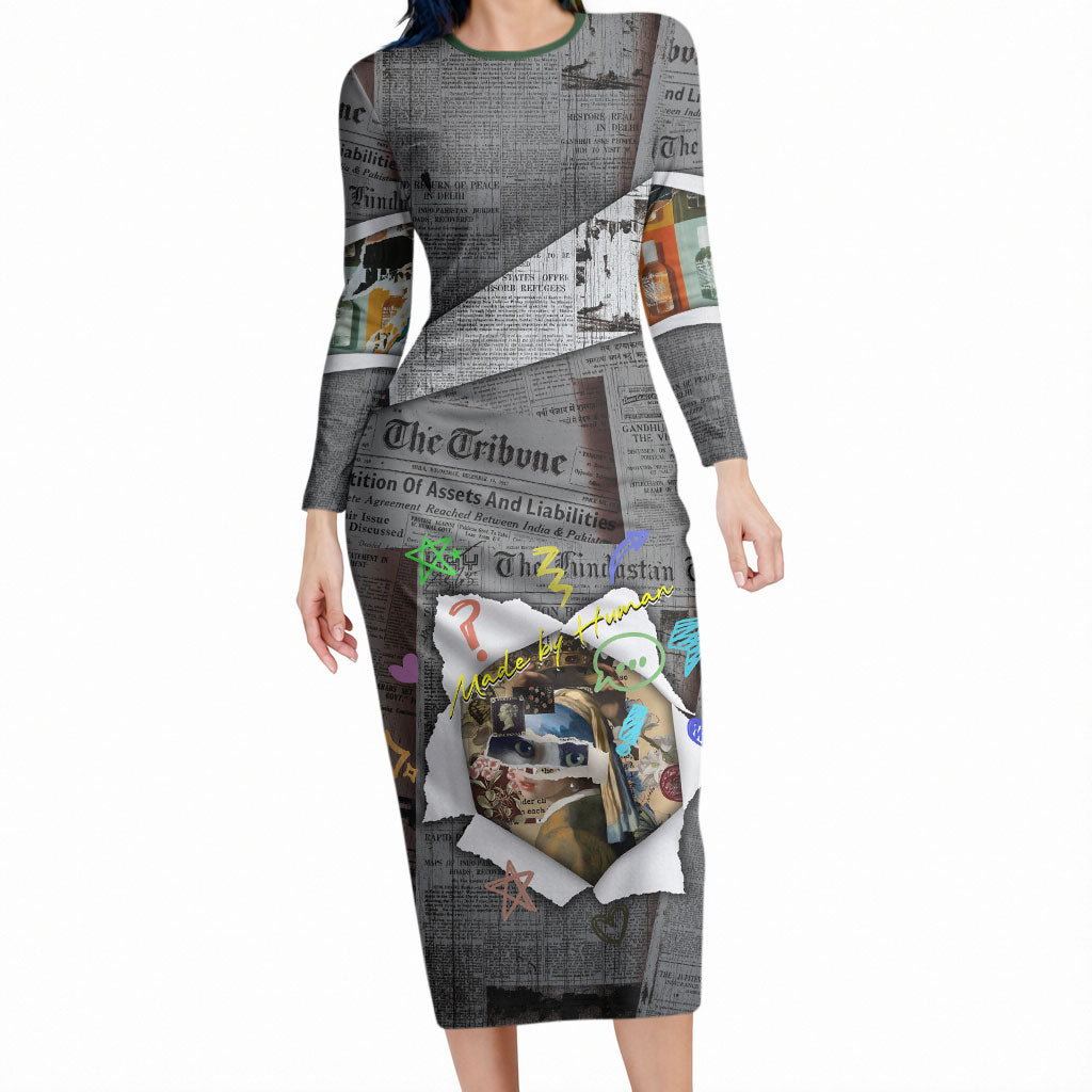 Cat Girl With A Pearl Earring Newspaper Long Sleeve Bodycon Dress Made By Human Handmade Mixed Media Pop Art