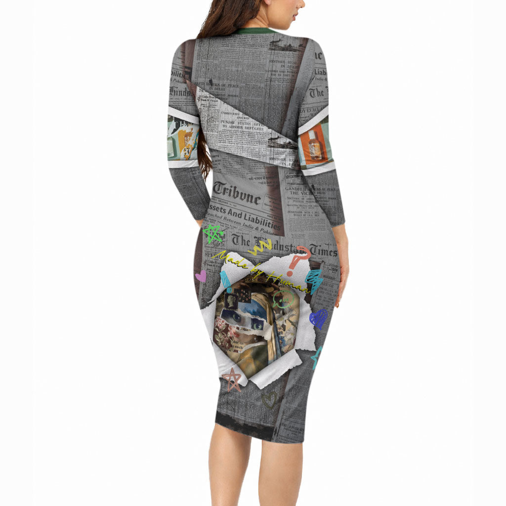Cat Girl With A Pearl Earring Newspaper Long Sleeve Bodycon Dress Made By Human Handmade Mixed Media Pop Art