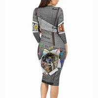 Cat Girl With A Pearl Earring Newspaper Long Sleeve Bodycon Dress Made By Human Handmade Mixed Media Pop Art