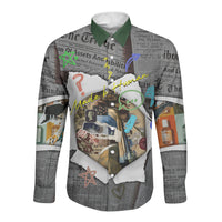 Cat Girl With A Pearl Earring Newspaper Long Sleeve Button Shirt Made By Human Handmade Mixed Media Pop Art