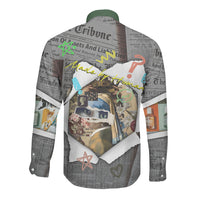 Cat Girl With A Pearl Earring Newspaper Long Sleeve Button Shirt Made By Human Handmade Mixed Media Pop Art