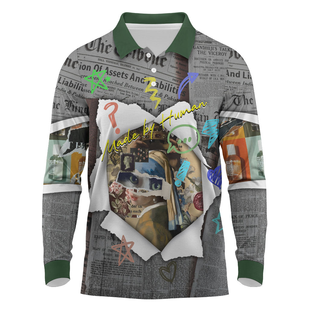 Cat Girl With A Pearl Earring Newspaper Long Sleeve Polo Shirt Made By Human Handmade Mixed Media Pop Art
