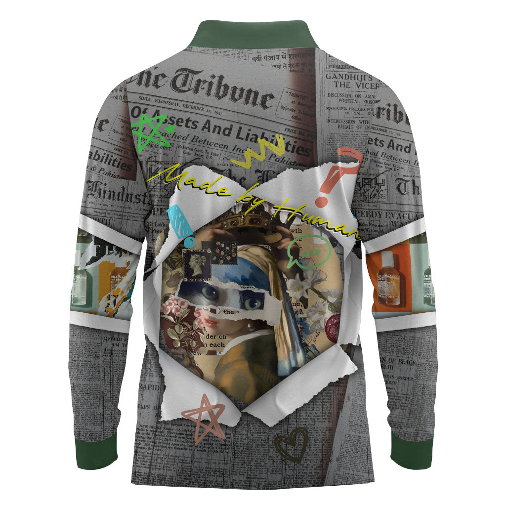Cat Girl With A Pearl Earring Newspaper Long Sleeve Polo Shirt Made By Human Handmade Mixed Media Pop Art