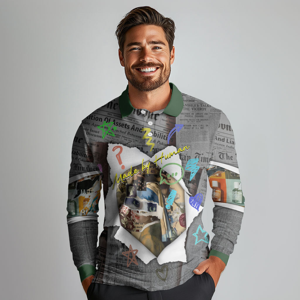 Cat Girl With A Pearl Earring Newspaper Long Sleeve Polo Shirt Made By Human Handmade Mixed Media Pop Art