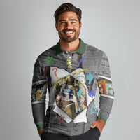 Cat Girl With A Pearl Earring Newspaper Long Sleeve Polo Shirt Made By Human Handmade Mixed Media Pop Art