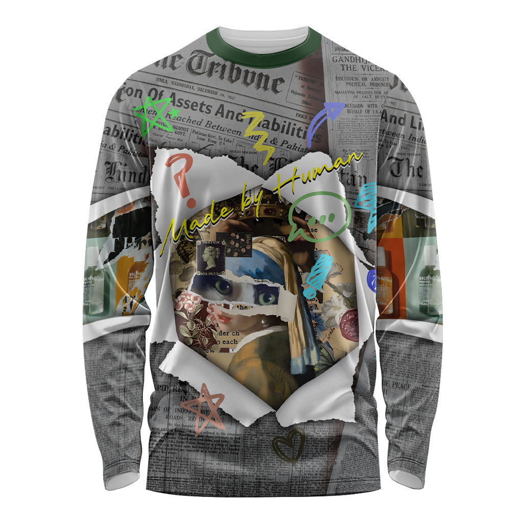 Cat Girl With A Pearl Earring Newspaper Long Sleeve Shirt Made By Human Handmade Mixed Media Pop Art