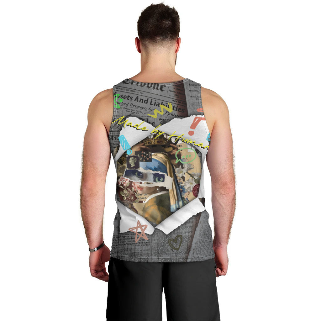 Cat Girl With A Pearl Earring Newspaper Men Tank Top Made By Human Handmade Mixed Media Pop Art