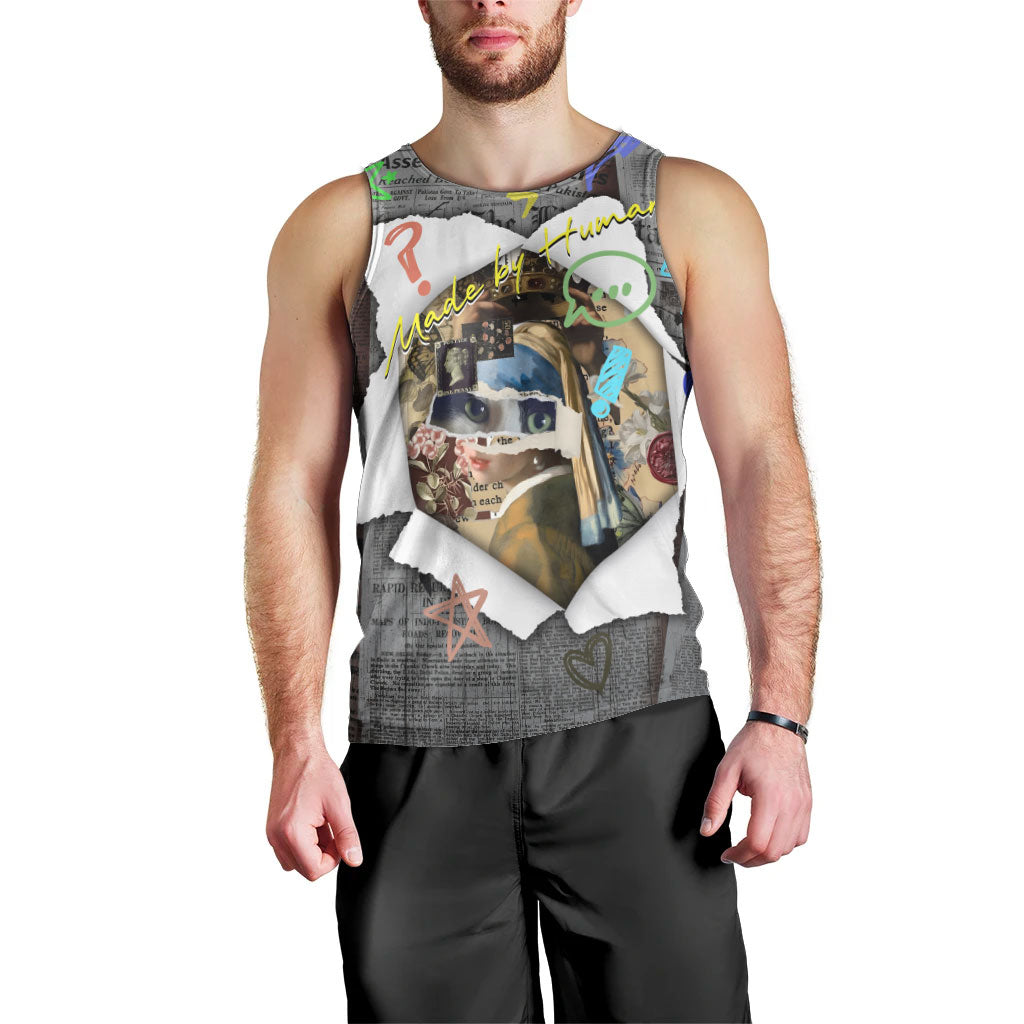 Cat Girl With A Pearl Earring Newspaper Men Tank Top Made By Human Handmade Mixed Media Pop Art