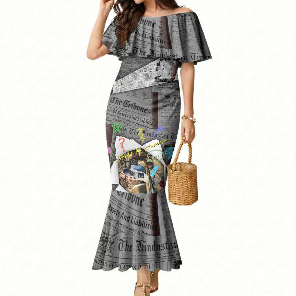 Cat Girl With A Pearl Earring Newspaper Mermaid Dress Made By Human Handmade Mixed Media Pop Art
