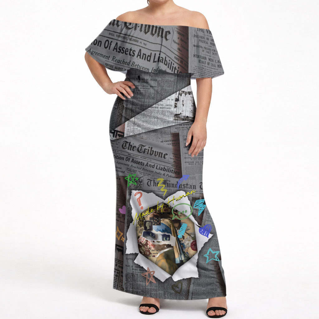 Cat Girl With A Pearl Earring Newspaper Off Shoulder Maxi Dress Made By Human Handmade Mixed Media Pop Art