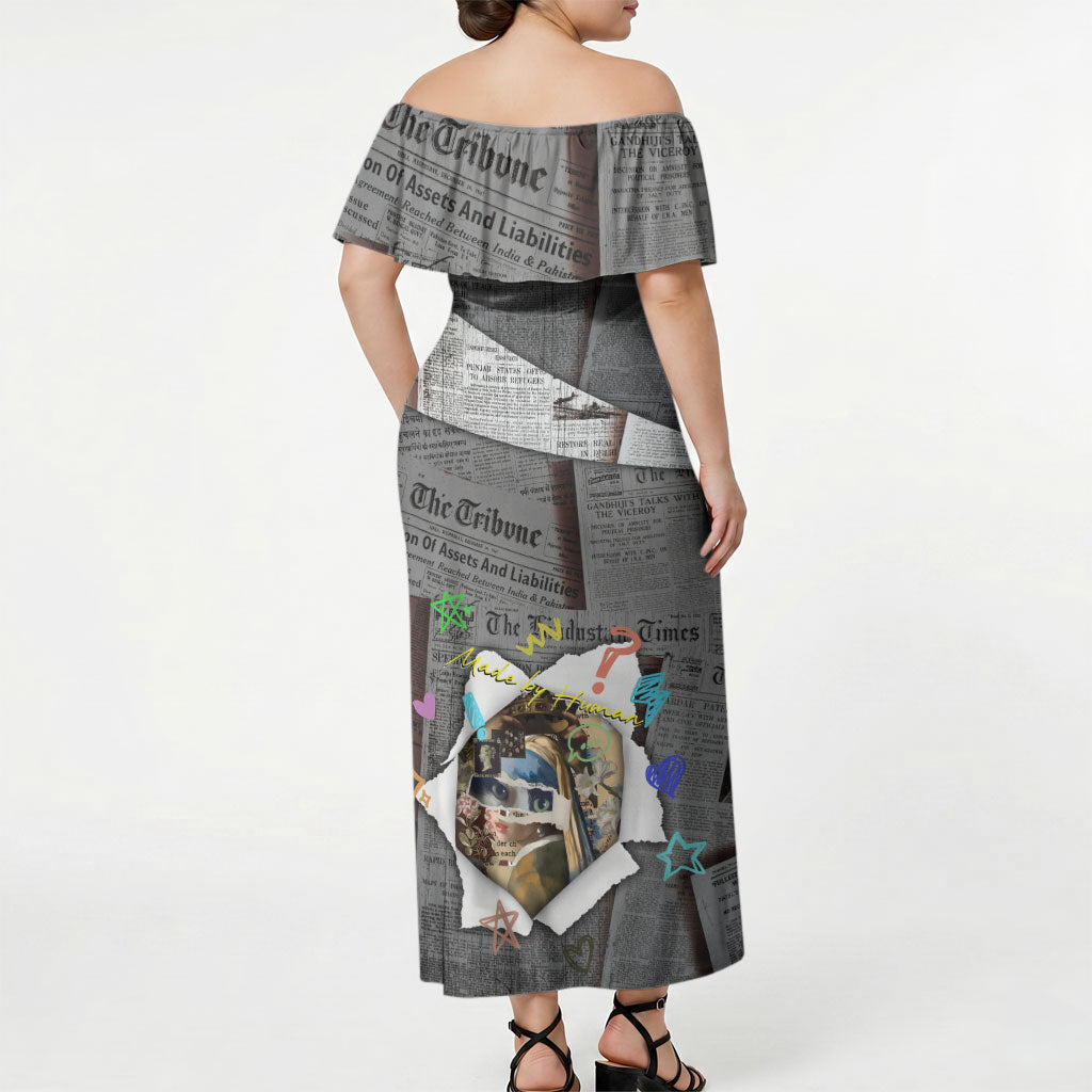 Cat Girl With A Pearl Earring Newspaper Off Shoulder Maxi Dress Made By Human Handmade Mixed Media Pop Art