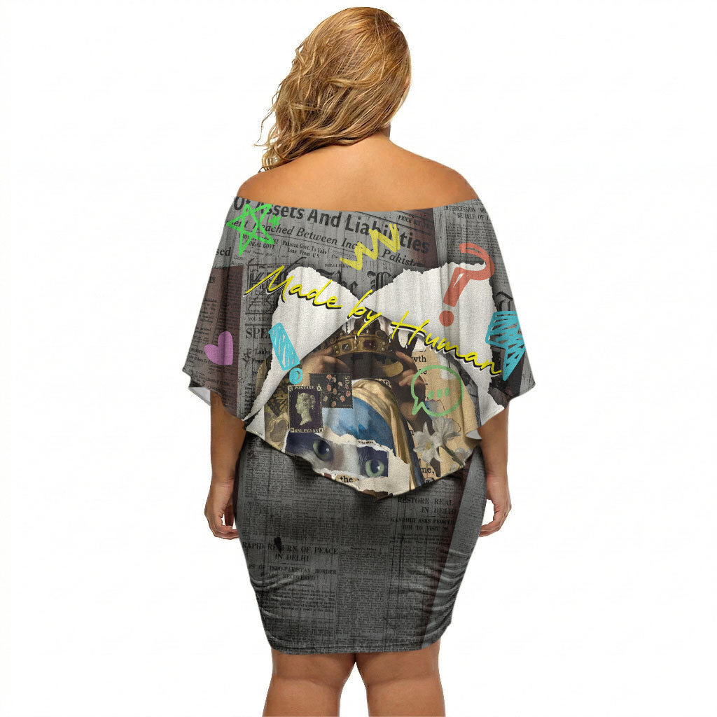 Cat Girl With A Pearl Earring Newspaper Off Shoulder Short Dress Made By Human Handmade Mixed Media Pop Art